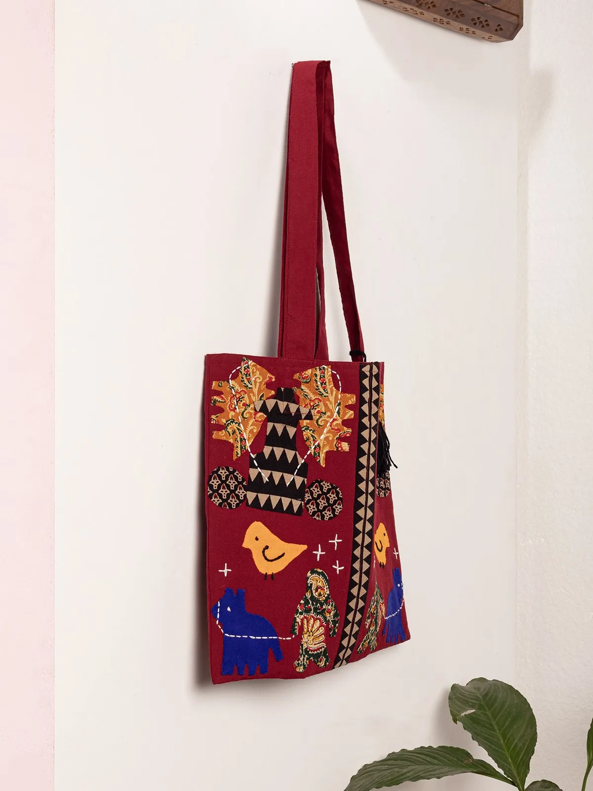 Applique Work Maroon Tote Bag