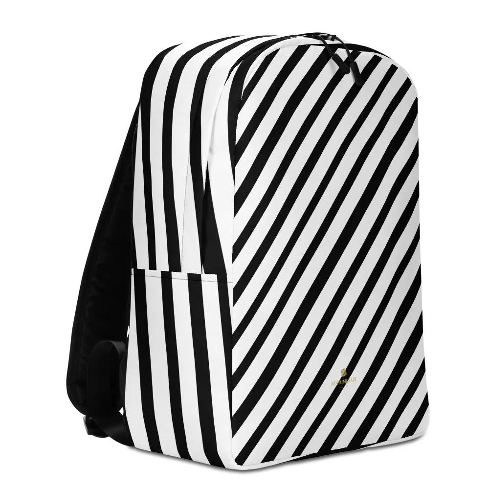 Black Diagonal Striped Backpack, White Stripe  Modern Minimalist Laptop Bag- Made in EU