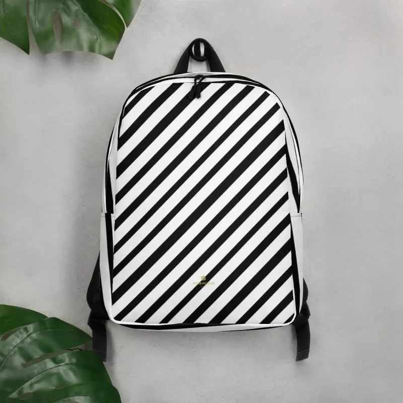 Black Diagonal Striped Backpack, White Stripe  Modern Minimalist Laptop Bag- Made in EU