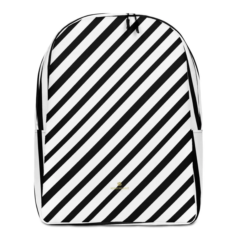 Black Diagonal Striped Backpack, White Stripe  Modern Minimalist Laptop Bag- Made in EU