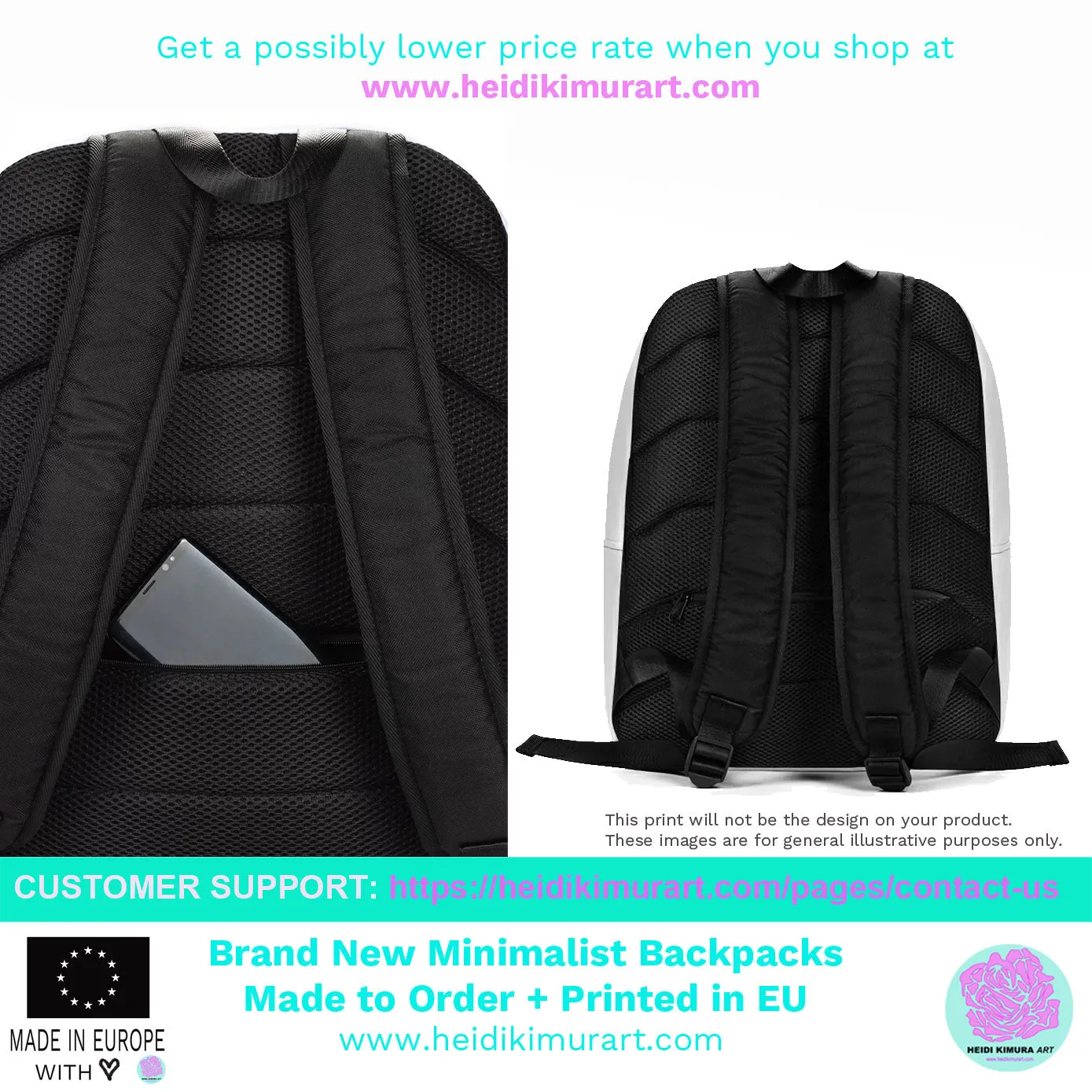 Black Diagonal Striped Backpack, White Stripe  Modern Minimalist Laptop Bag- Made in EU