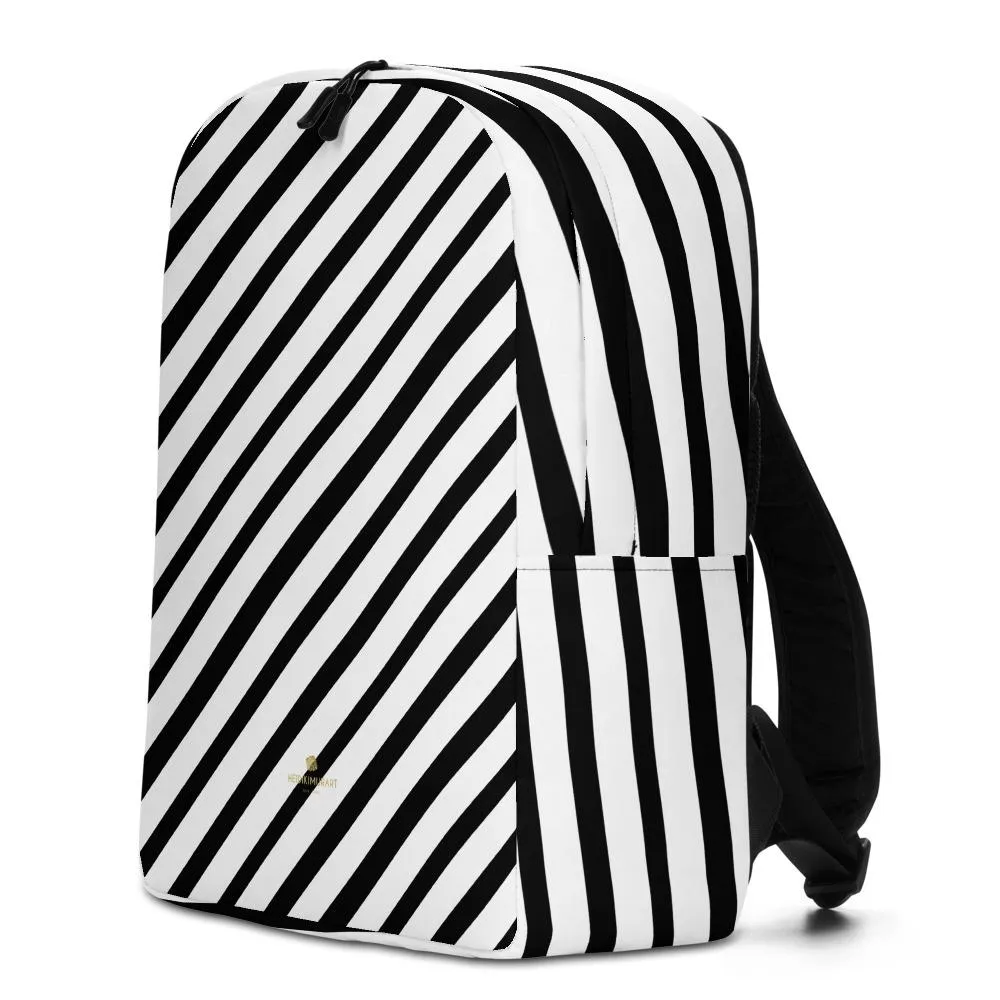 Black Diagonal Striped Backpack, White Stripe  Modern Minimalist Laptop Bag- Made in EU