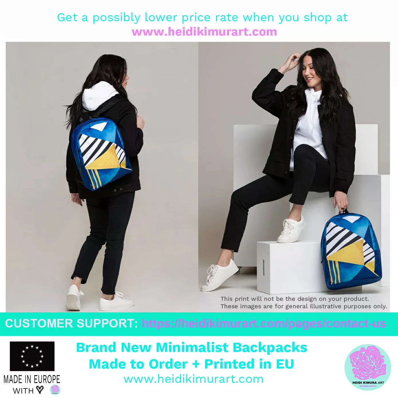 Black Diagonal Striped Backpack, White Stripe  Modern Minimalist Laptop Bag- Made in EU