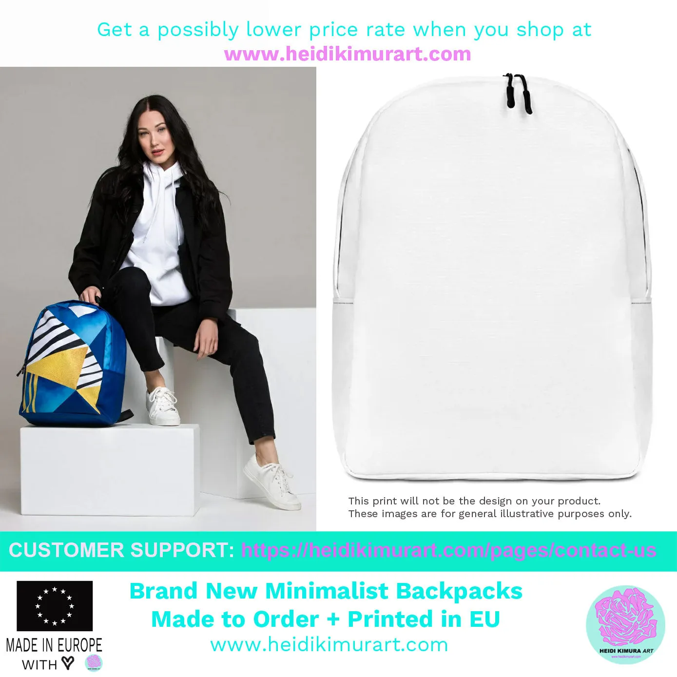 Black Diagonal Striped Backpack, White Stripe  Modern Minimalist Laptop Bag- Made in EU