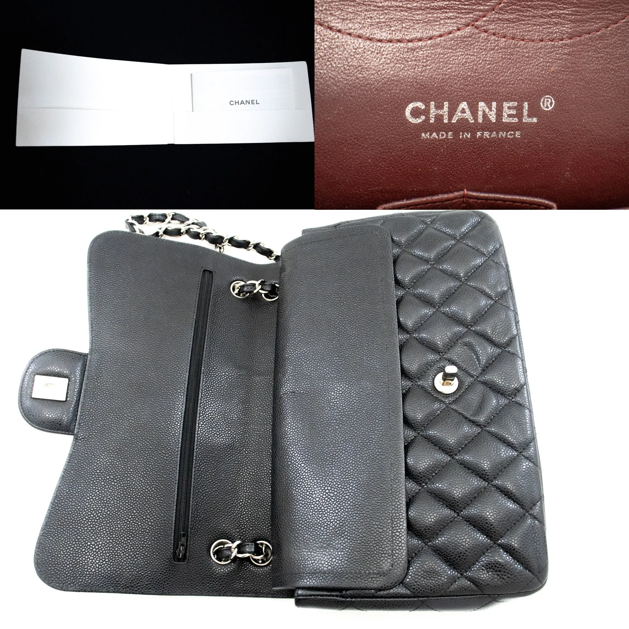 CHANEL Grained Calfskin Large Chain Shoulder Bag W Flap SV Classic