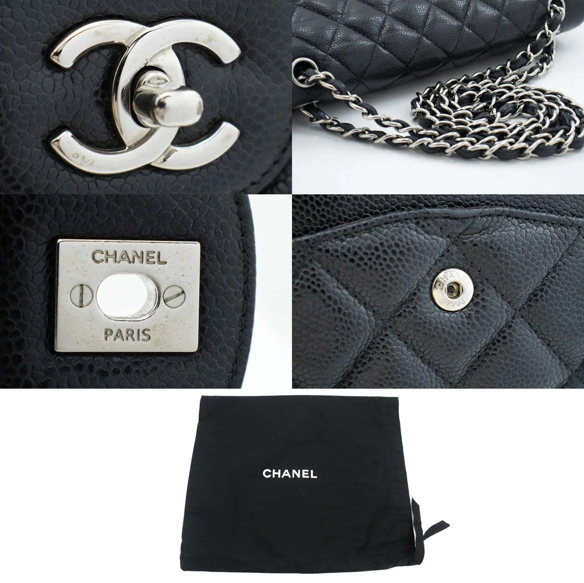 CHANEL Grained Calfskin Large Chain Shoulder Bag W Flap SV Classic