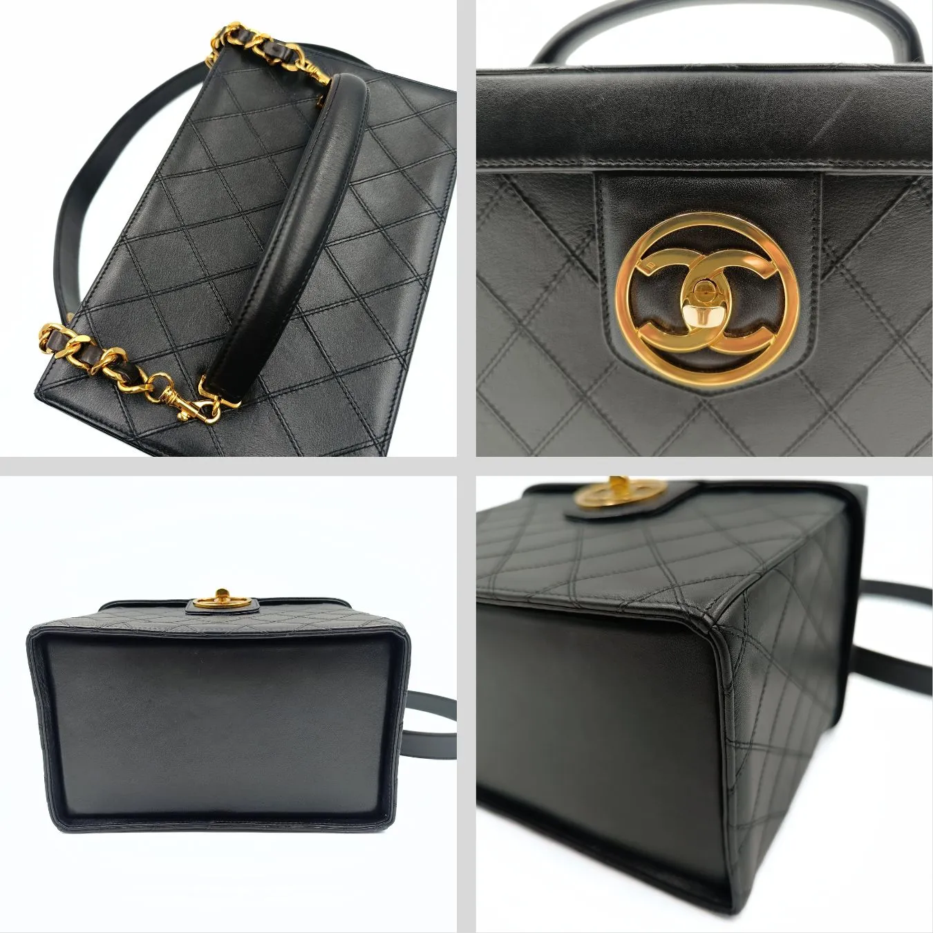 CHANEL quilted cosmetic bag in black leather and gold chain