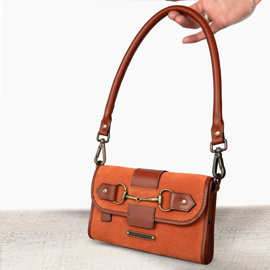 Dalton -  Horse Bit Crossbody Bag in Two Tone Italian Leather and Suede Cognac on Cognac with Brass Hardware