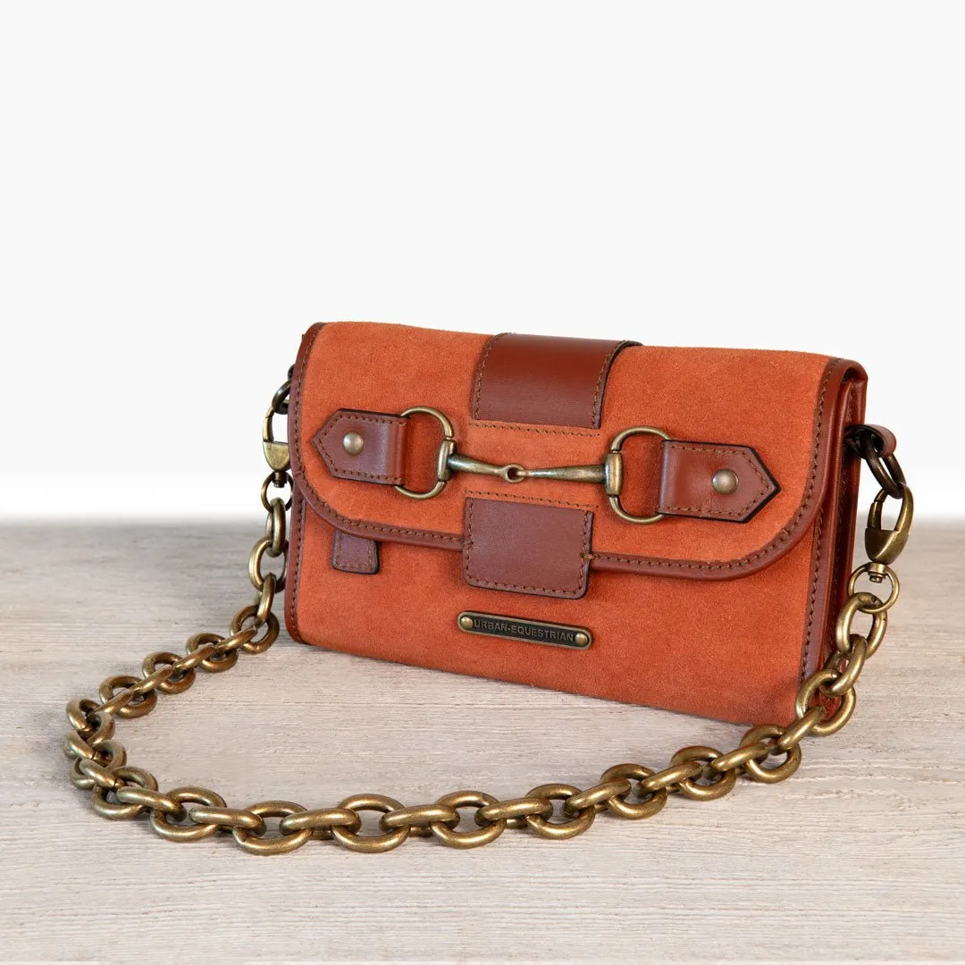 Dalton -  Horse Bit Crossbody Bag in Two Tone Italian Leather and Suede Cognac on Cognac with Brass Hardware
