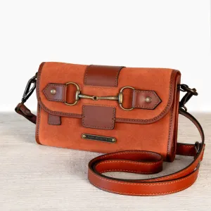 Dalton -  Horse Bit Crossbody Bag in Two Tone Italian Leather and Suede Cognac on Cognac with Brass Hardware