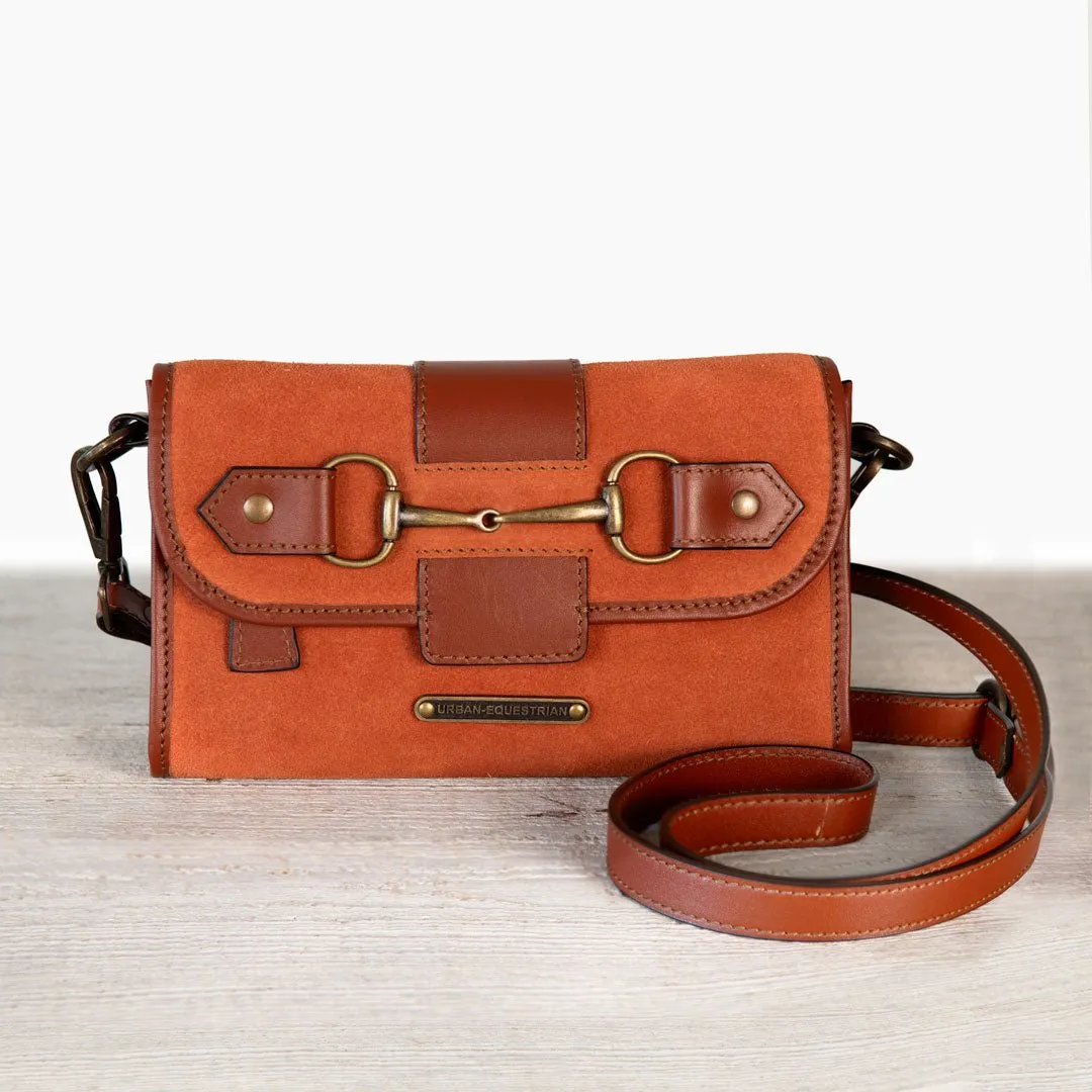 Dalton -  Horse Bit Crossbody Bag in Two Tone Italian Leather and Suede Cognac on Cognac with Brass Hardware