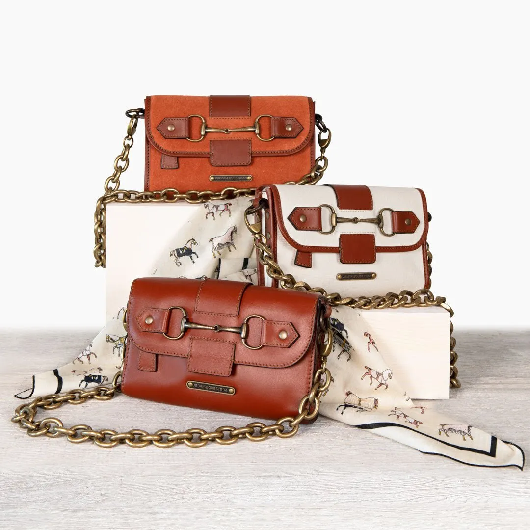 Dalton -  Horse Bit Crossbody Bag in Two Tone Italian Leather and Suede Cognac on Cognac with Brass Hardware