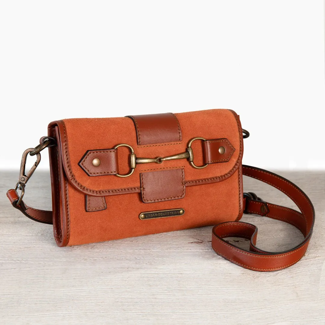 Dalton -  Horse Bit Crossbody Bag in Two Tone Italian Leather and Suede Cognac on Cognac with Brass Hardware