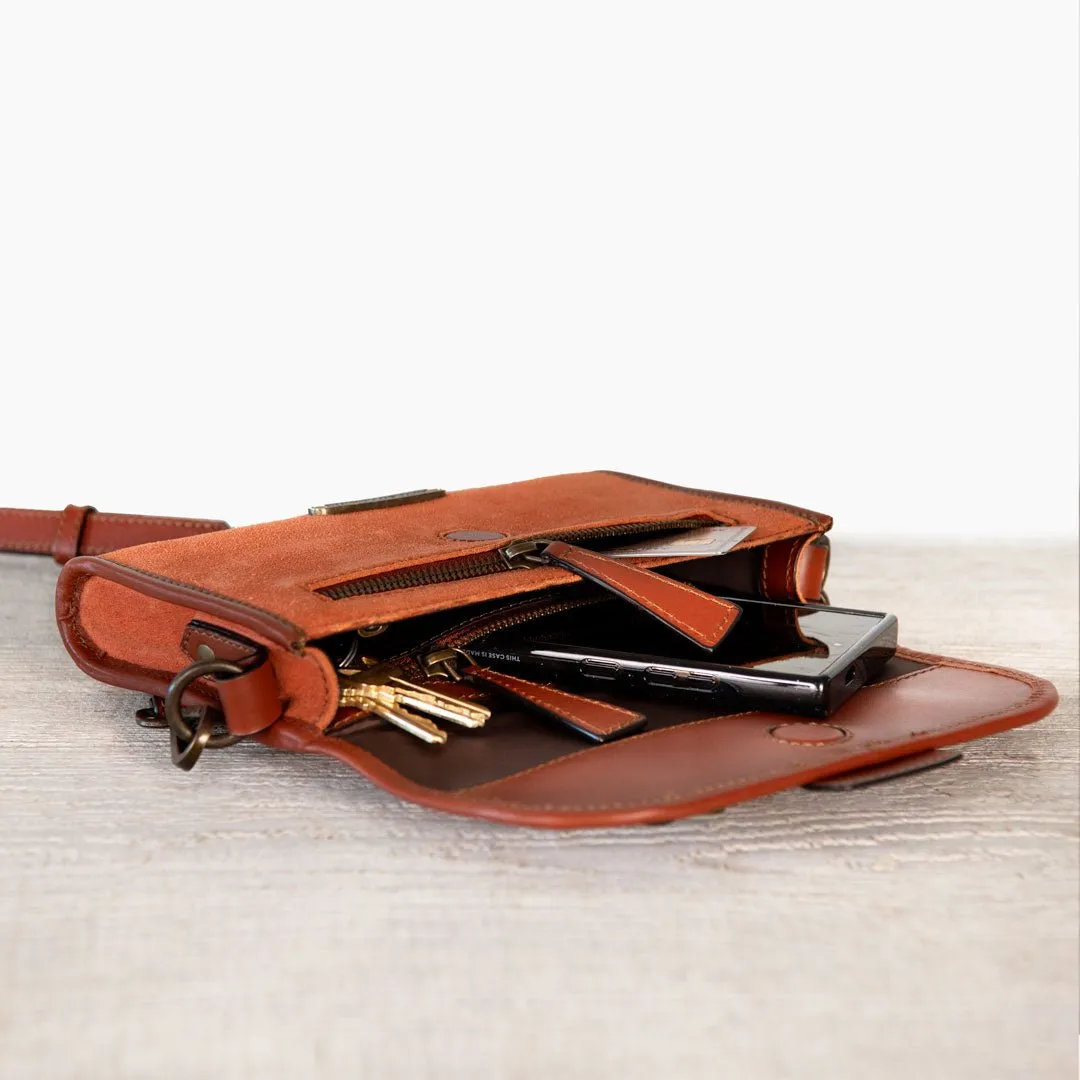 Dalton -  Horse Bit Crossbody Bag in Two Tone Italian Leather and Suede Cognac on Cognac with Brass Hardware