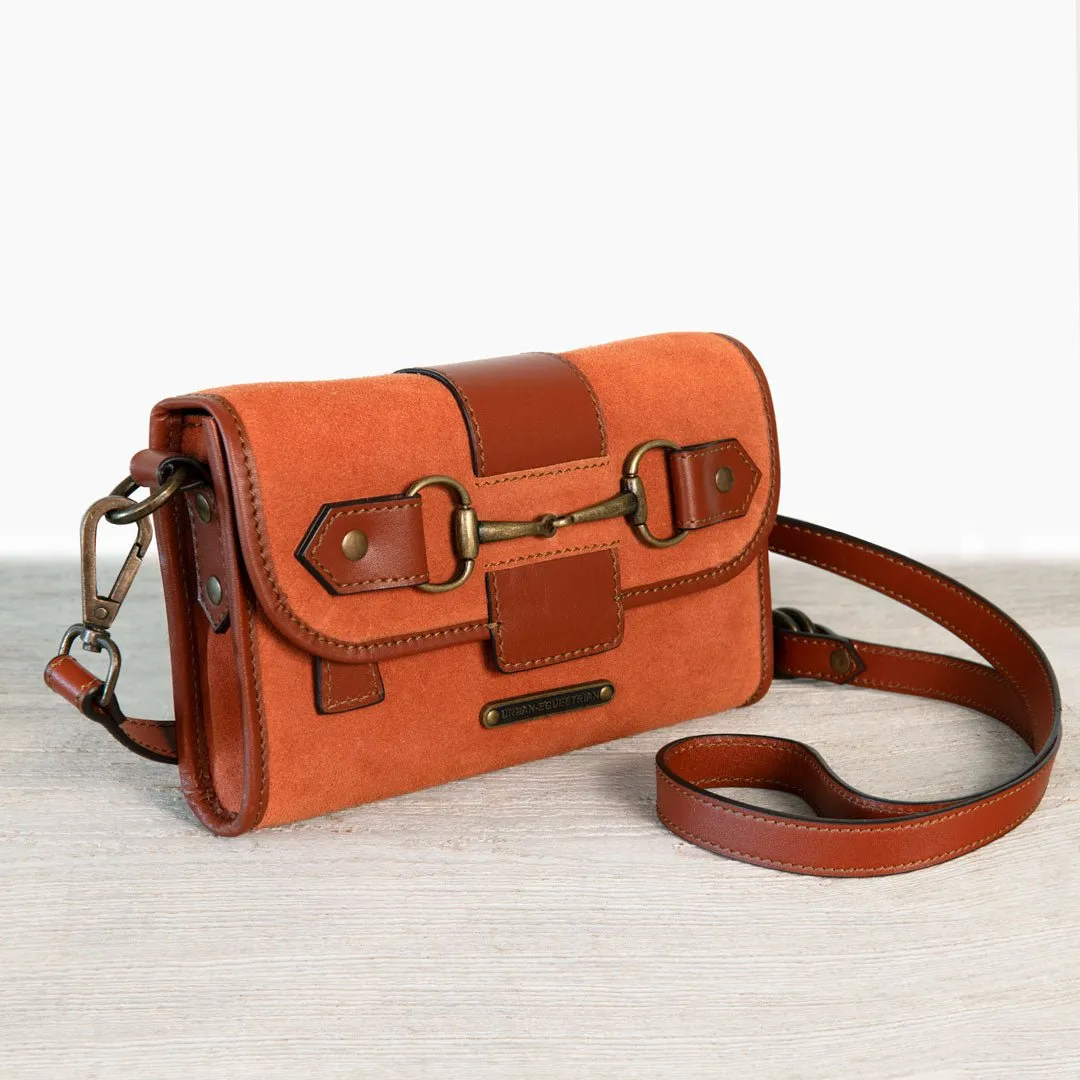 Dalton -  Horse Bit Crossbody Bag in Two Tone Italian Leather and Suede Cognac on Cognac with Brass Hardware