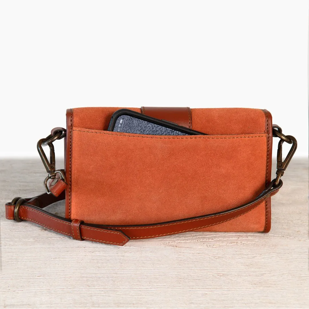 Dalton -  Horse Bit Crossbody Bag in Two Tone Italian Leather and Suede Cognac on Cognac with Brass Hardware