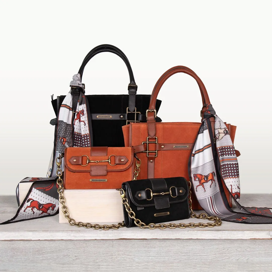 Dalton -  Horse Bit Crossbody Bag in Two Tone Italian Leather and Suede Cognac on Cognac with Brass Hardware