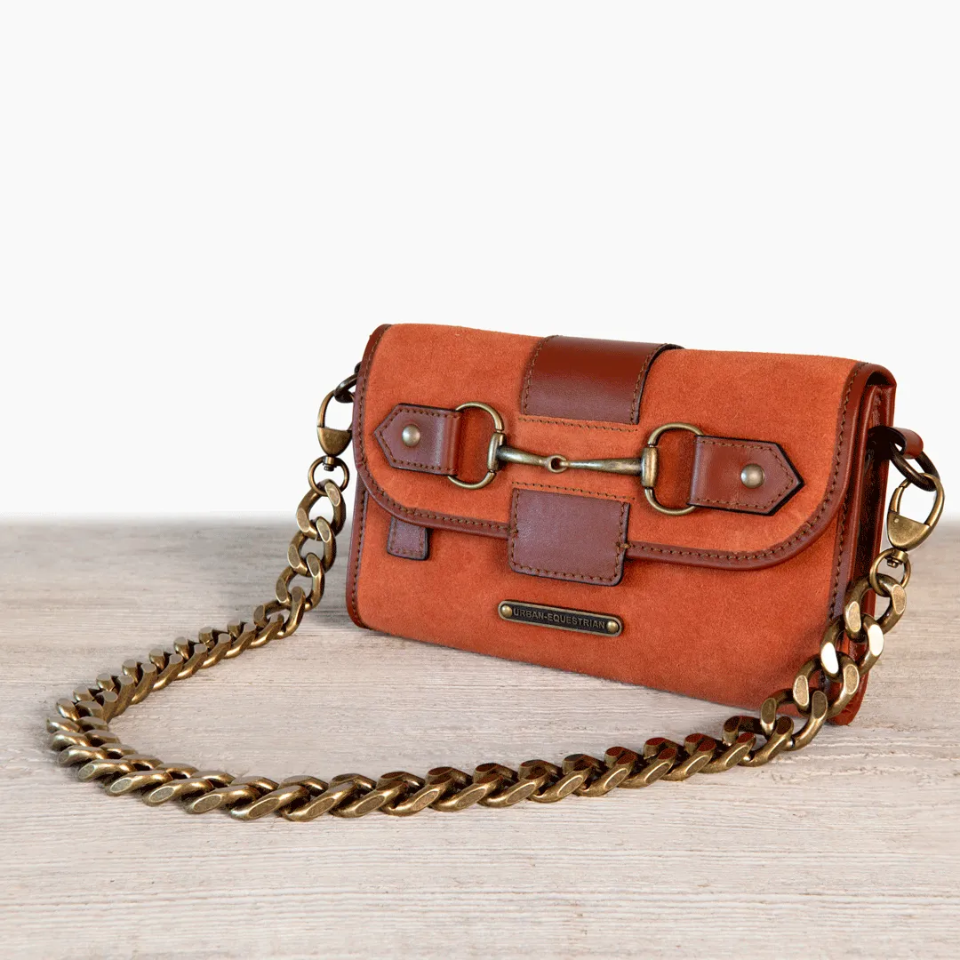 Dalton -  Horse Bit Crossbody Bag in Two Tone Italian Leather and Suede Cognac on Cognac with Brass Hardware