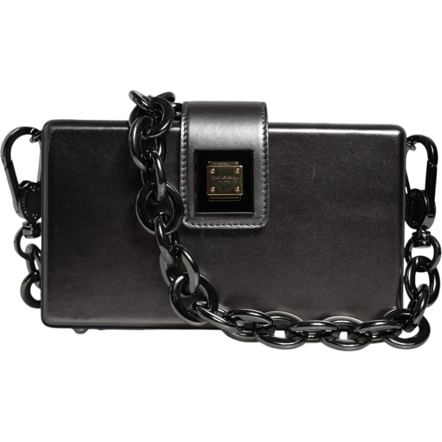 Dolce & Gabbana Metallic Gray DG BOX Leather Shoulder Chain Strap Bag
