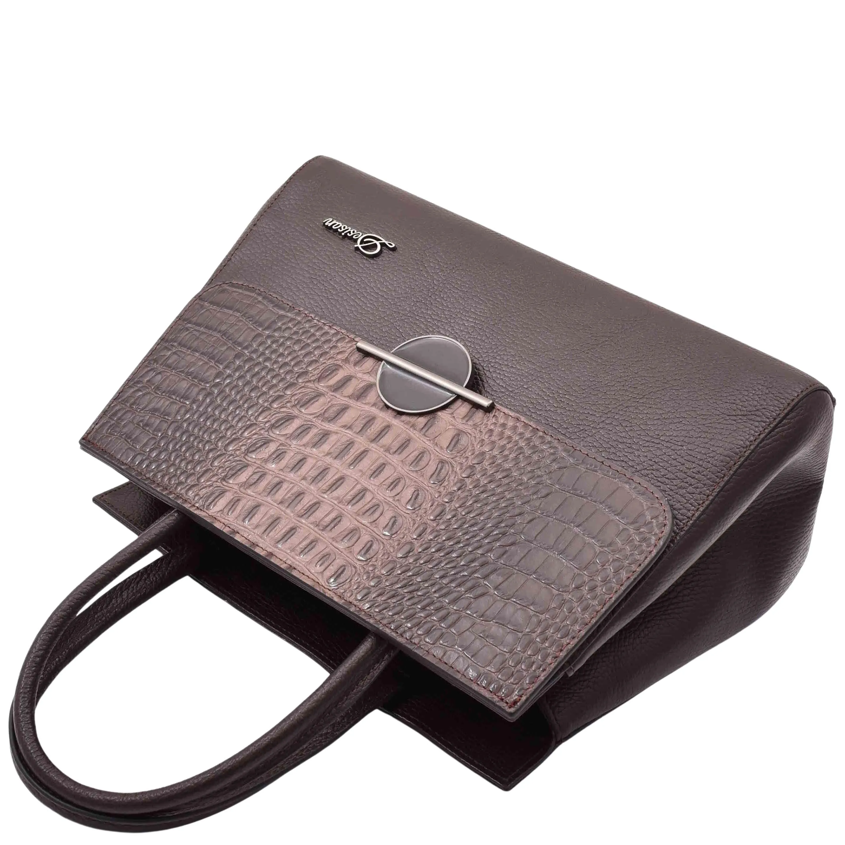 DR580 Women's Genuine Leather Long Strap Croc Print Handbag Brown