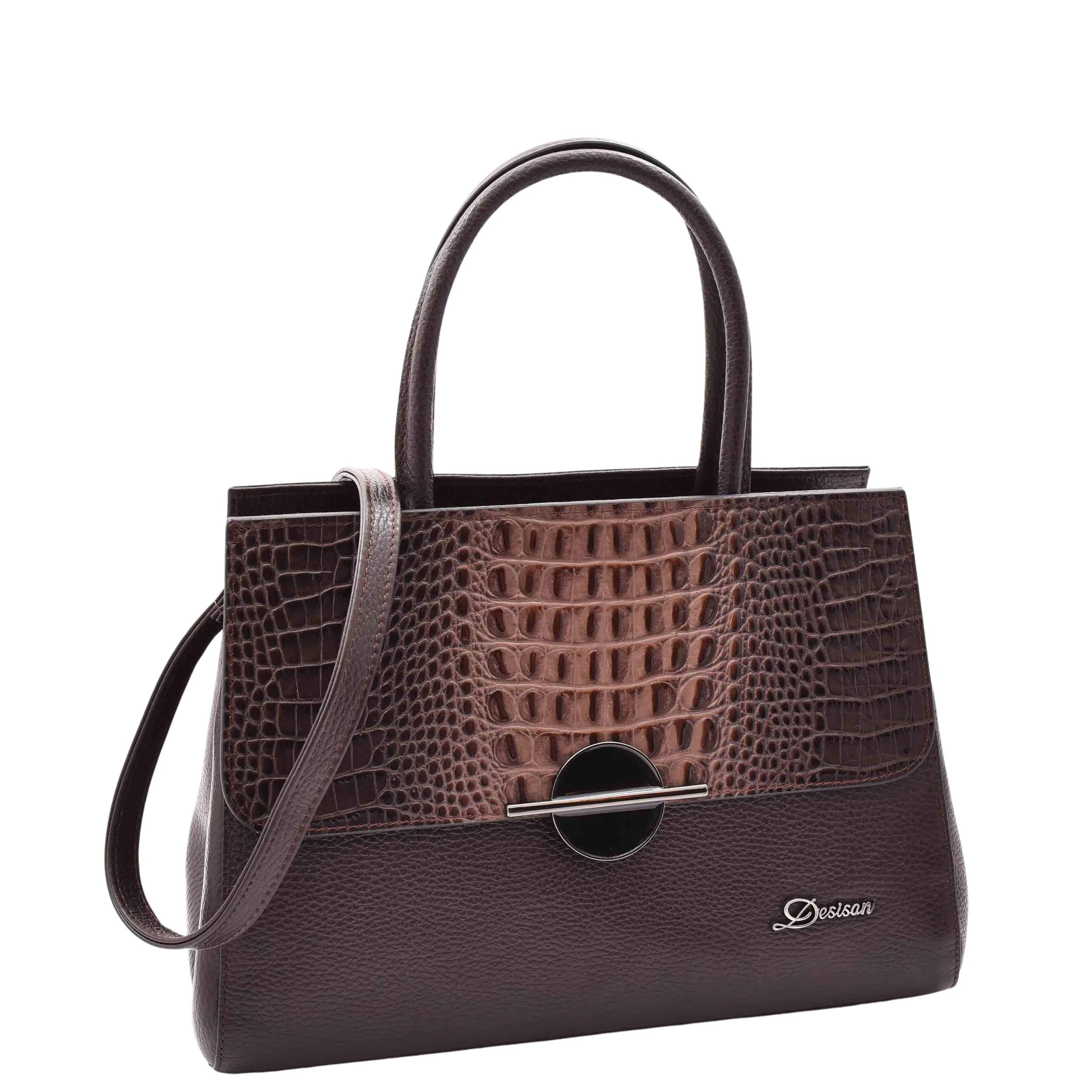 DR580 Women's Genuine Leather Long Strap Croc Print Handbag Brown