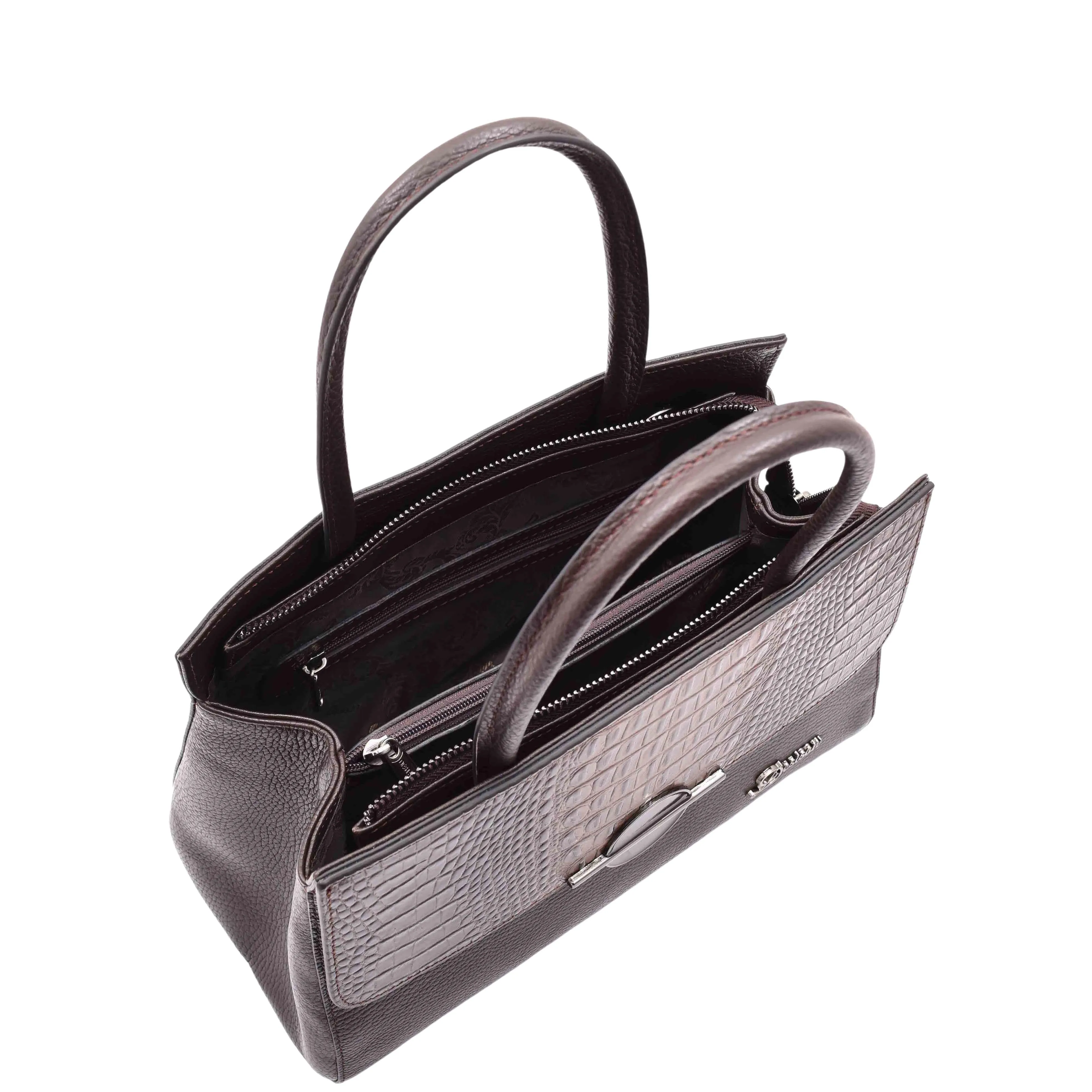 DR580 Women's Genuine Leather Long Strap Croc Print Handbag Brown