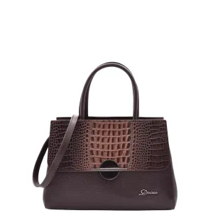 DR580 Women's Genuine Leather Long Strap Croc Print Handbag Brown