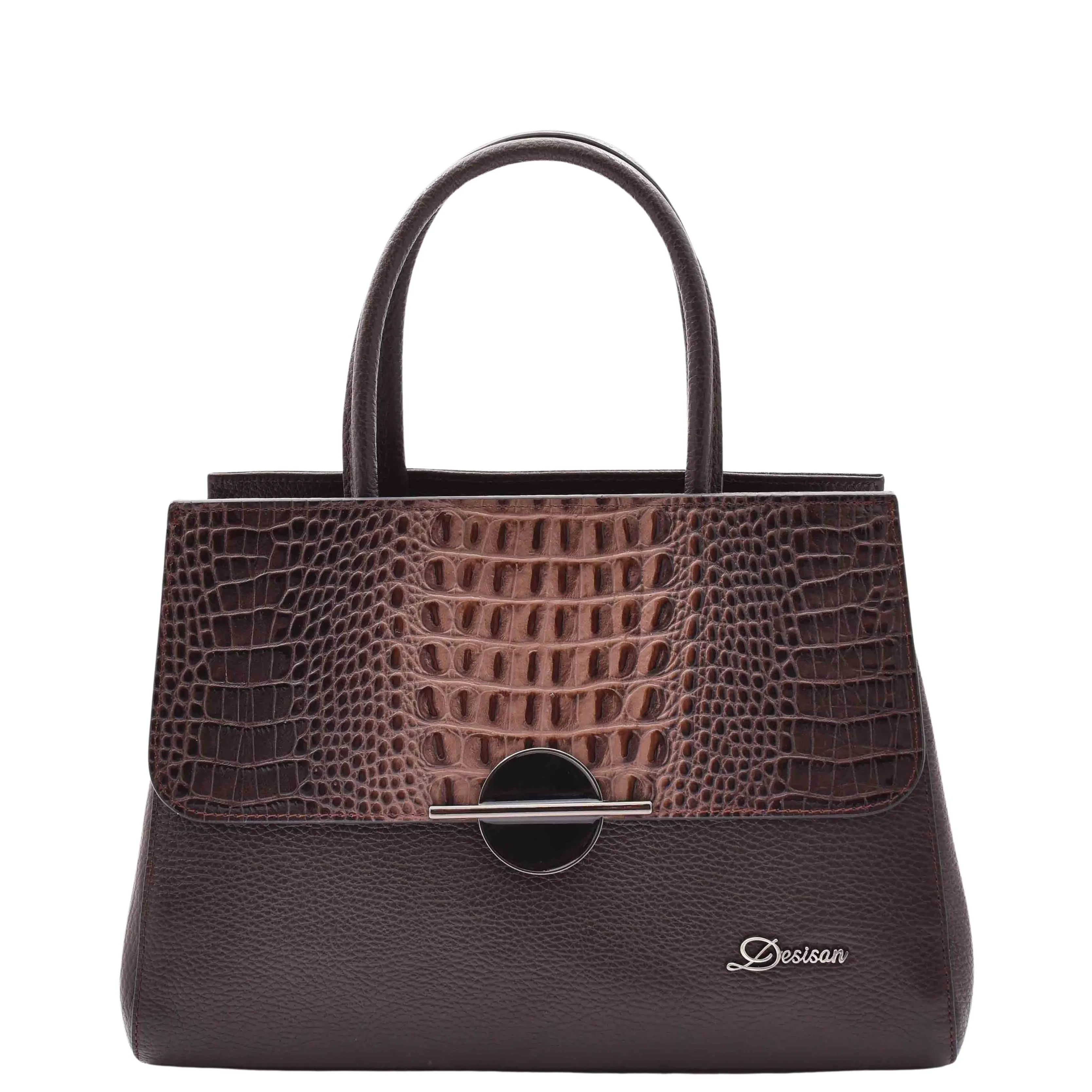 DR580 Women's Genuine Leather Long Strap Croc Print Handbag Brown