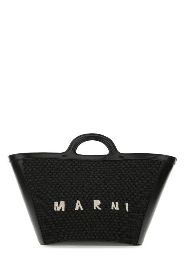 Marni Women Black Leather And Raffia Small Tropicalia Summer Handbag