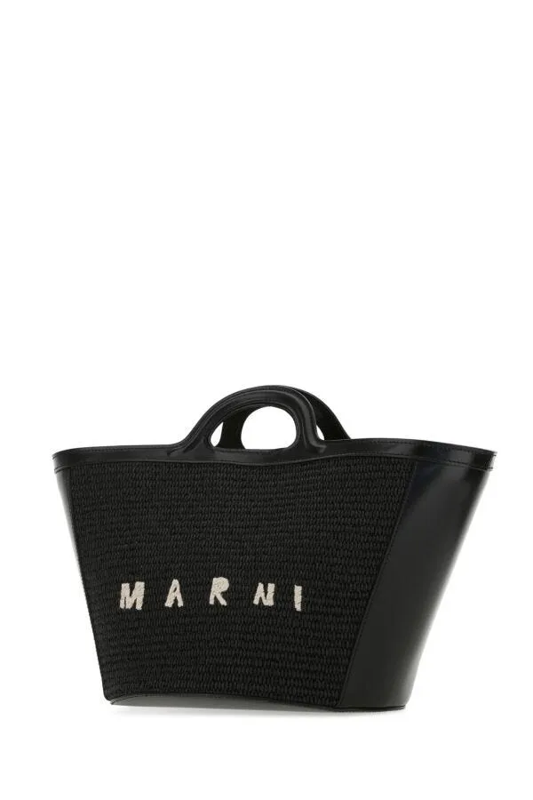 Marni Women Black Leather And Raffia Small Tropicalia Summer Handbag