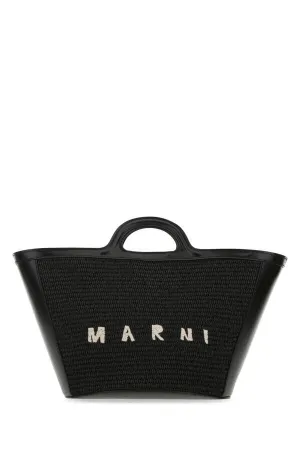Marni Women Black Leather And Raffia Small Tropicalia Summer Handbag