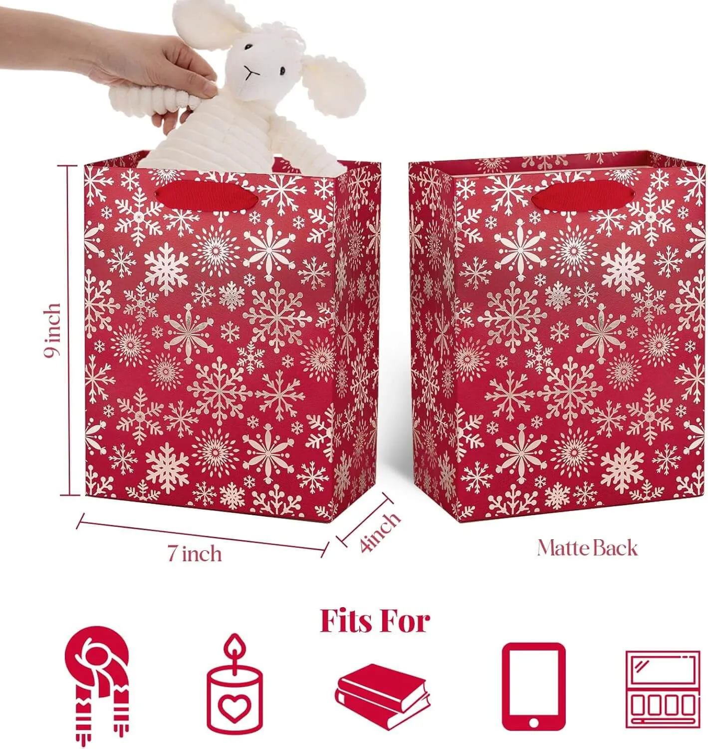 Metallic Red Silver Christmas Gift Bags Bulk, Pack of 12