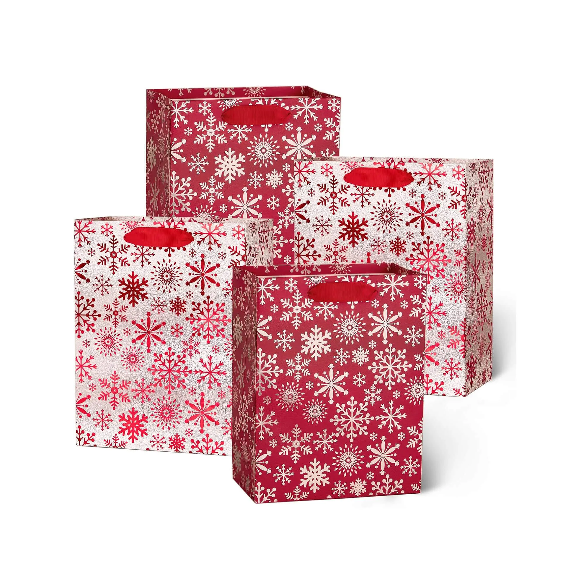 Metallic Red Silver Christmas Gift Bags Bulk, Pack of 12