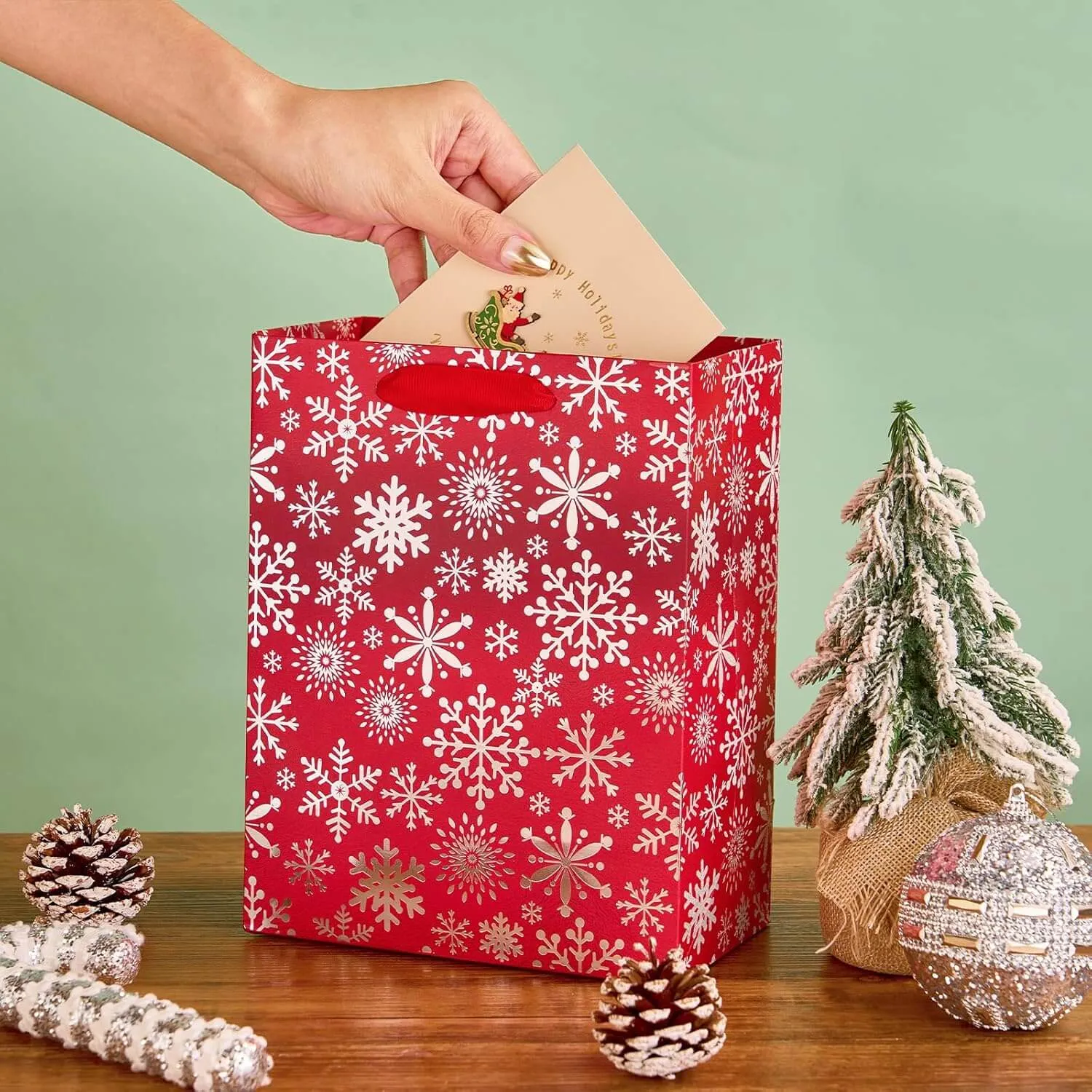 Metallic Red Silver Christmas Gift Bags Bulk, Pack of 12