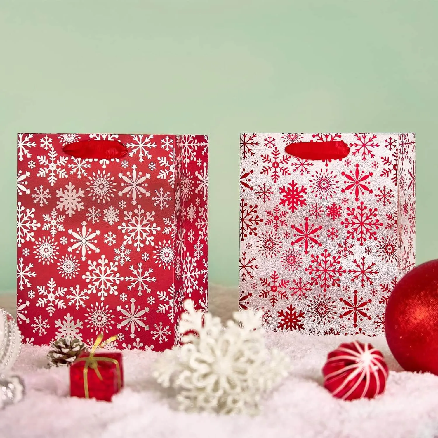 Metallic Red Silver Christmas Gift Bags Bulk, Pack of 12