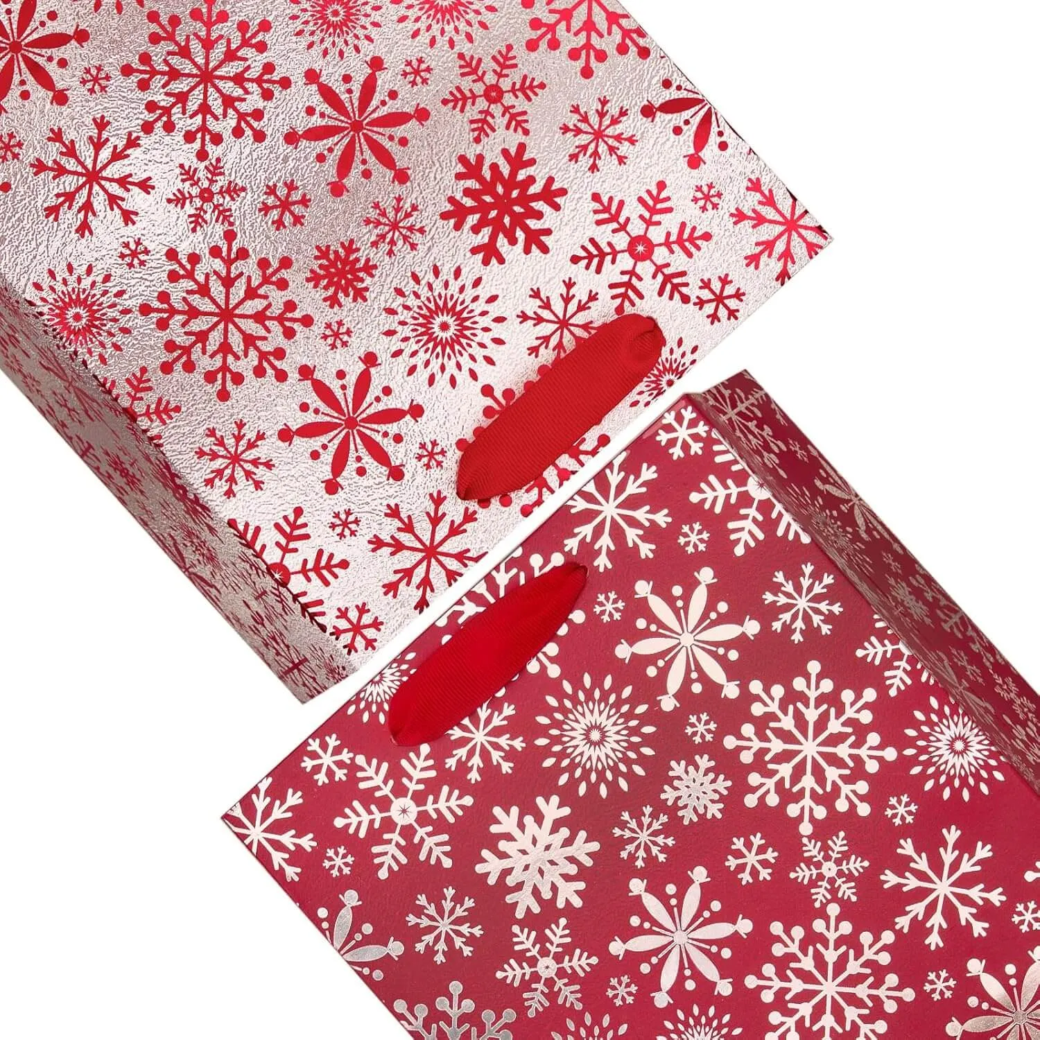 Metallic Red Silver Christmas Gift Bags Bulk, Pack of 12