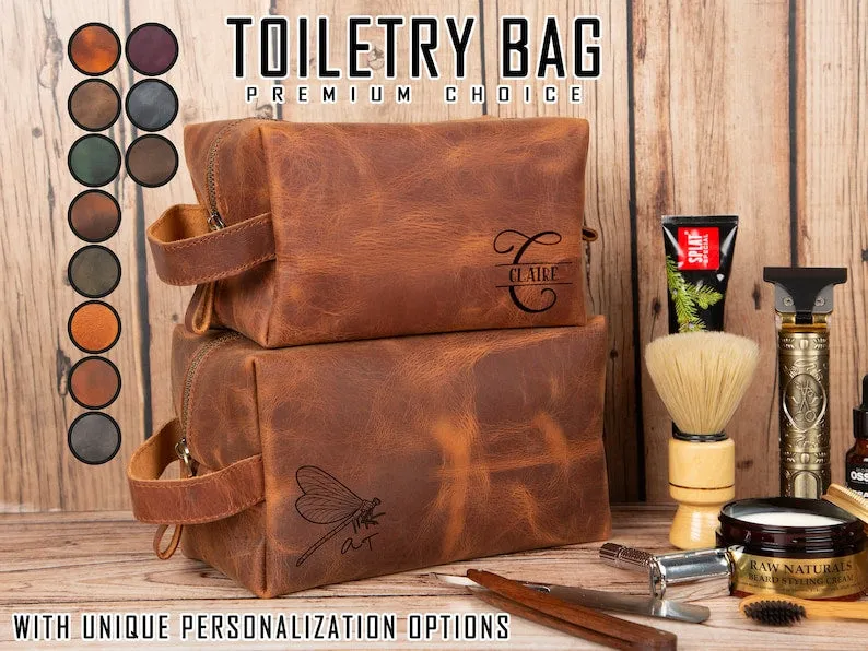 Personalized Leather Dopp Kit for Men and Women, Monogram Makeup Bag, Leather Wash Bag, Dopp Kit for Dad