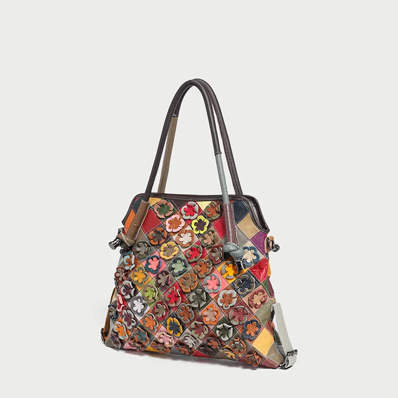Rainbow Floral Leather Tote Bag
