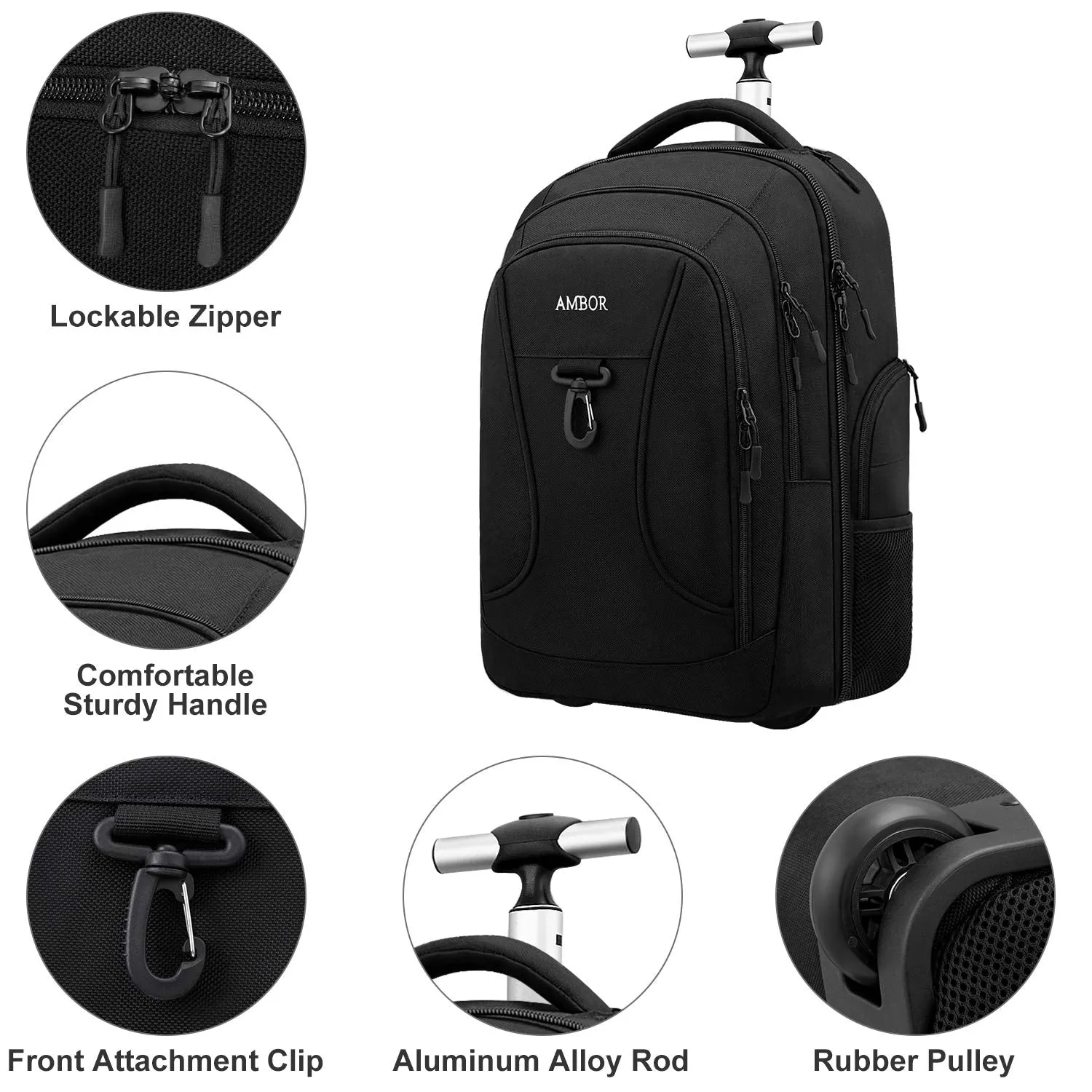 Rolling Backpack,Wheeled Laptop Backpack for Travel,Freewheel Carryon Trolley Luggage Suitcase Compact Business Bag,Wheeled Rucksack Student Computer Trolley Carry Luggage Fits 15.6Inch Laptop - Black