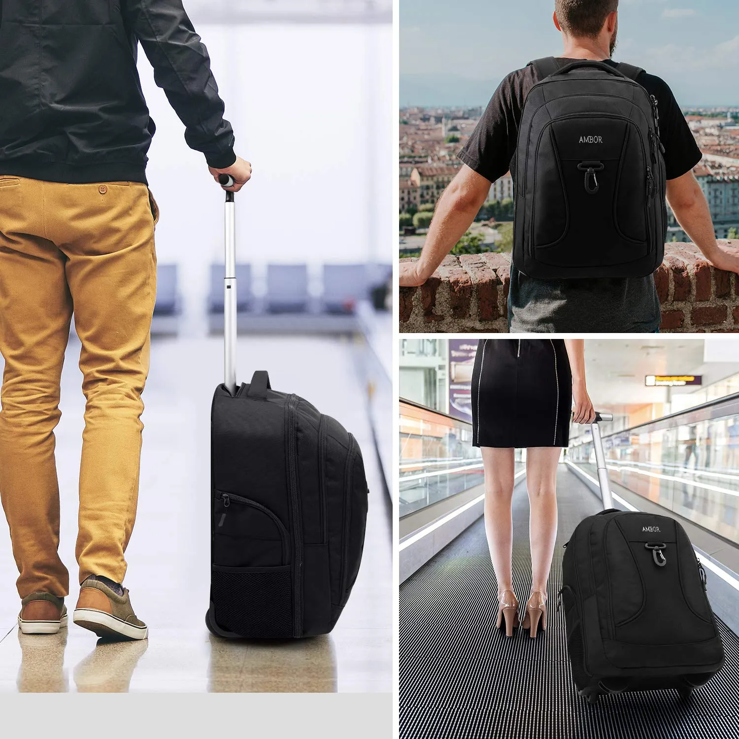 Rolling Backpack,Wheeled Laptop Backpack for Travel,Freewheel Carryon Trolley Luggage Suitcase Compact Business Bag,Wheeled Rucksack Student Computer Trolley Carry Luggage Fits 15.6Inch Laptop - Black