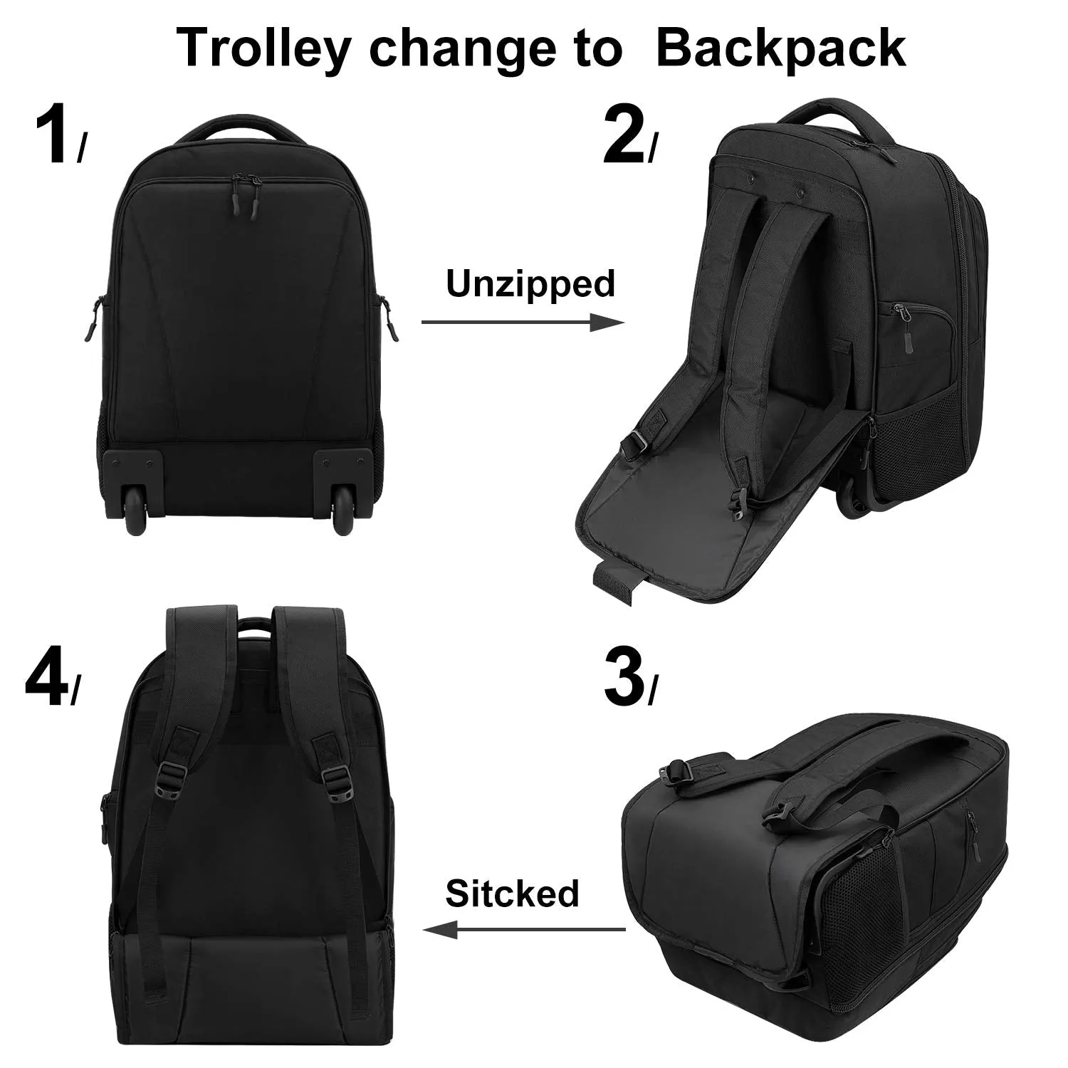 Rolling Backpack,Wheeled Laptop Backpack for Travel,Freewheel Carryon Trolley Luggage Suitcase Compact Business Bag,Wheeled Rucksack Student Computer Trolley Carry Luggage Fits 15.6Inch Laptop - Black