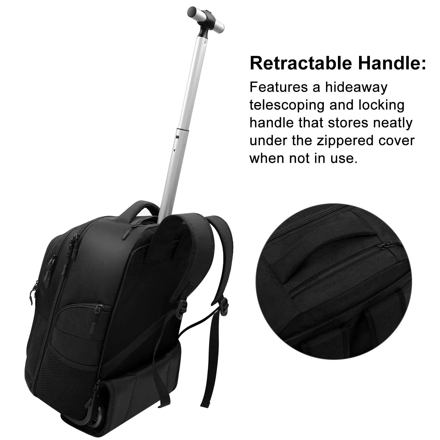 Rolling Backpack,Wheeled Laptop Backpack for Travel,Freewheel Carryon Trolley Luggage Suitcase Compact Business Bag,Wheeled Rucksack Student Computer Trolley Carry Luggage Fits 15.6Inch Laptop - Black