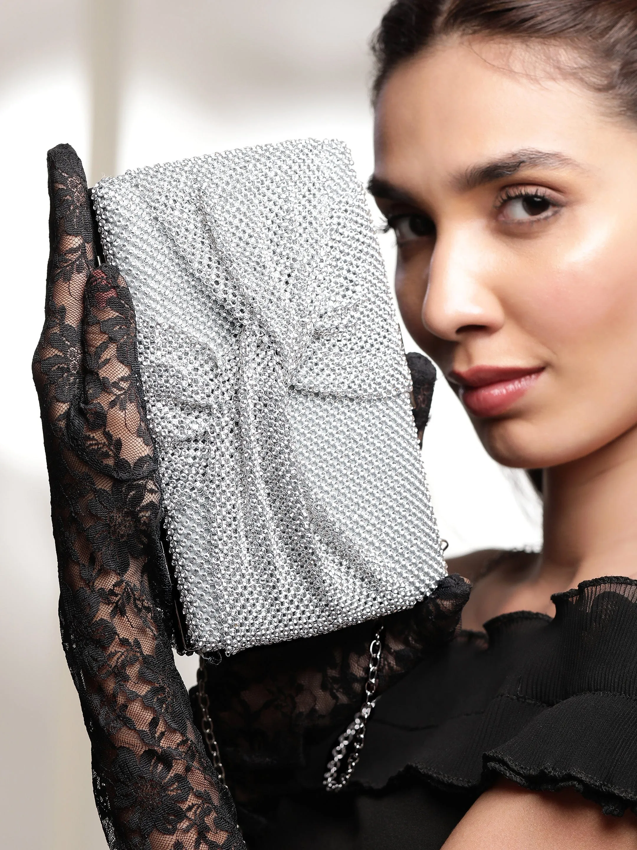 Rubans Grey With Dazzling Crystal Zirconia Embellished Contemporary Clutch handbag