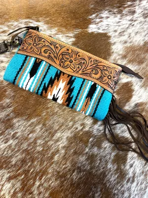 Turq Saddle Blanket Tassel Clutch with Brown Tooling Details