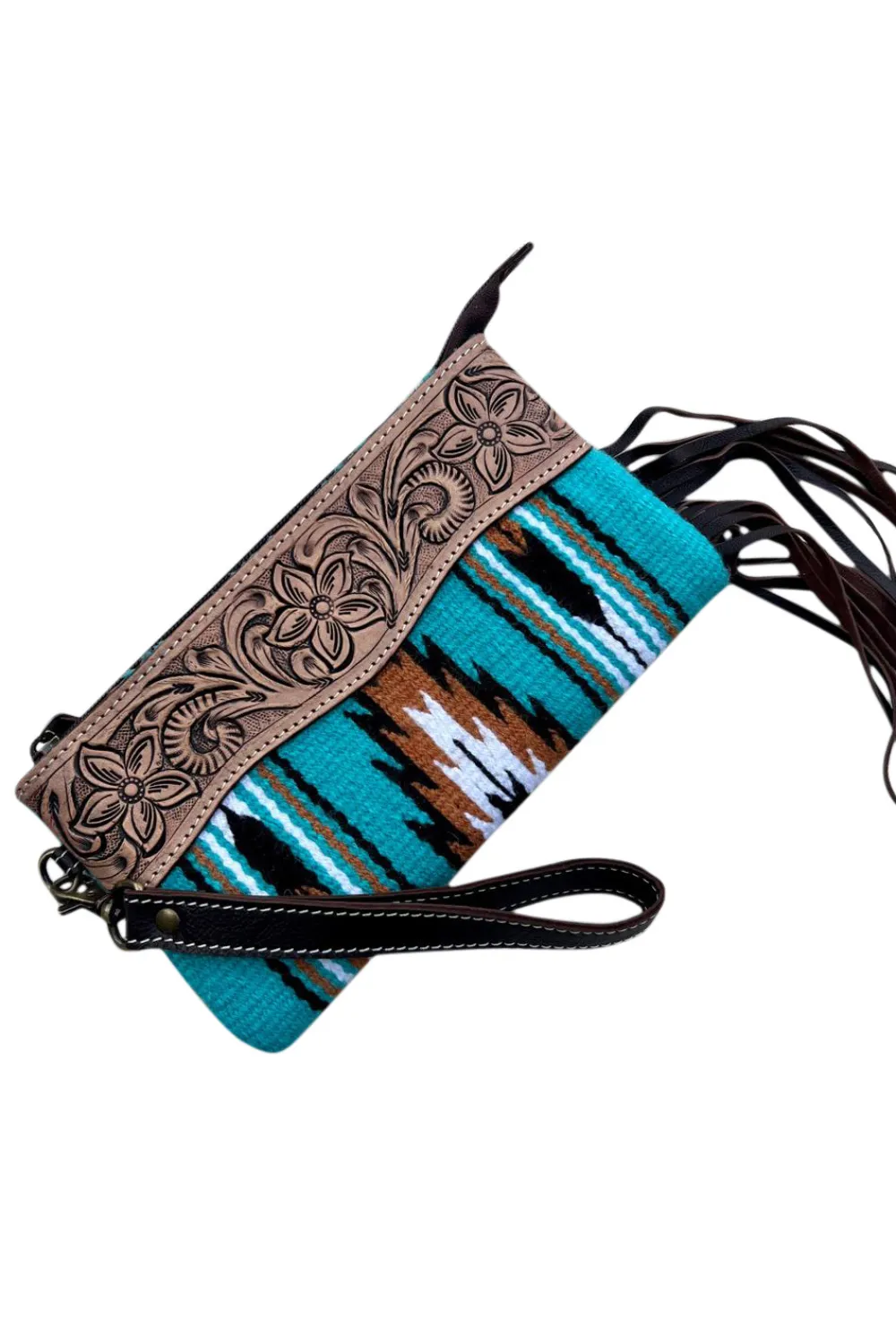 Turq Saddle Blanket Tassel Clutch with Brown Tooling Details