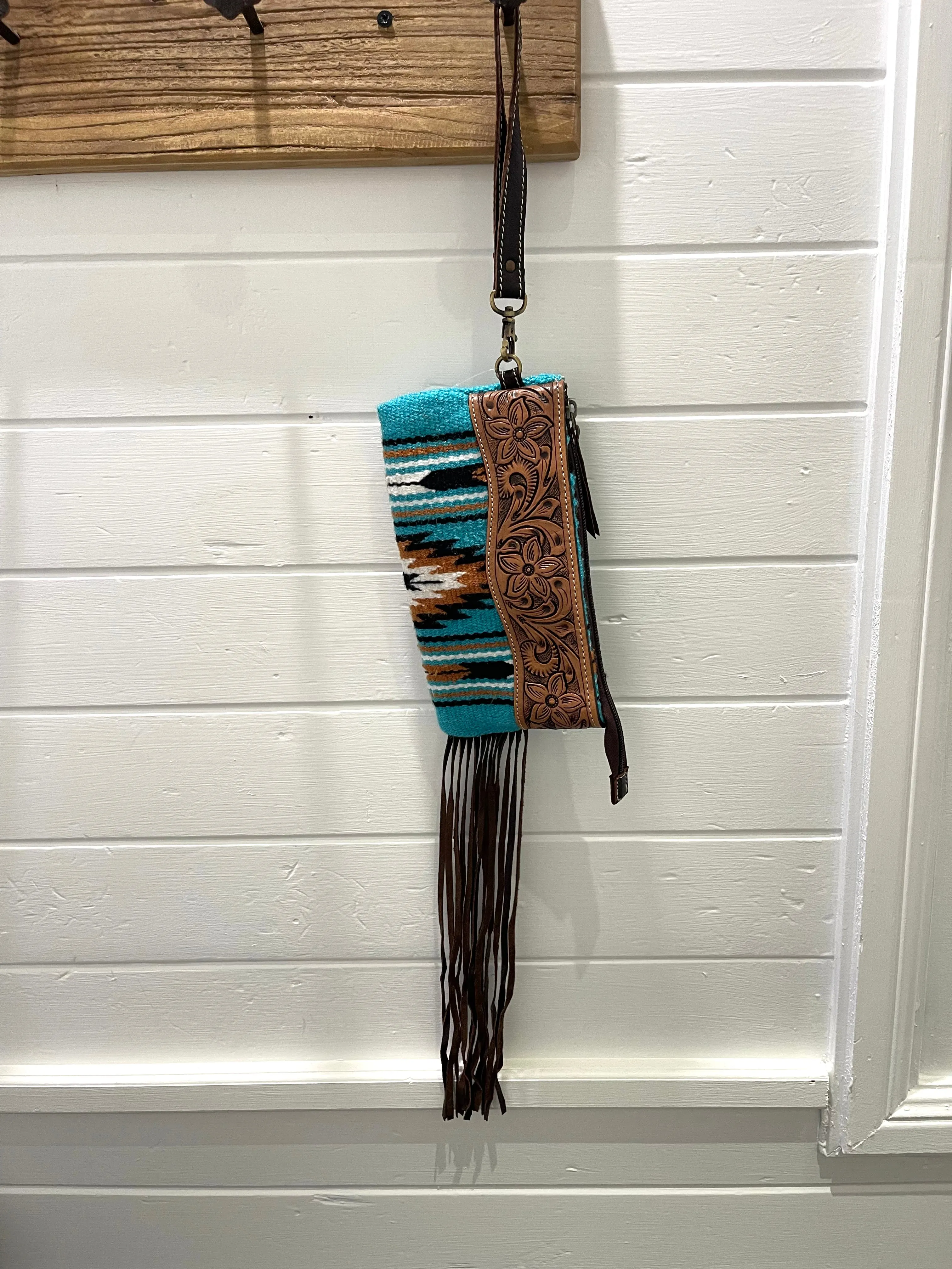 Turq Saddle Blanket Tassel Clutch with Brown Tooling Details