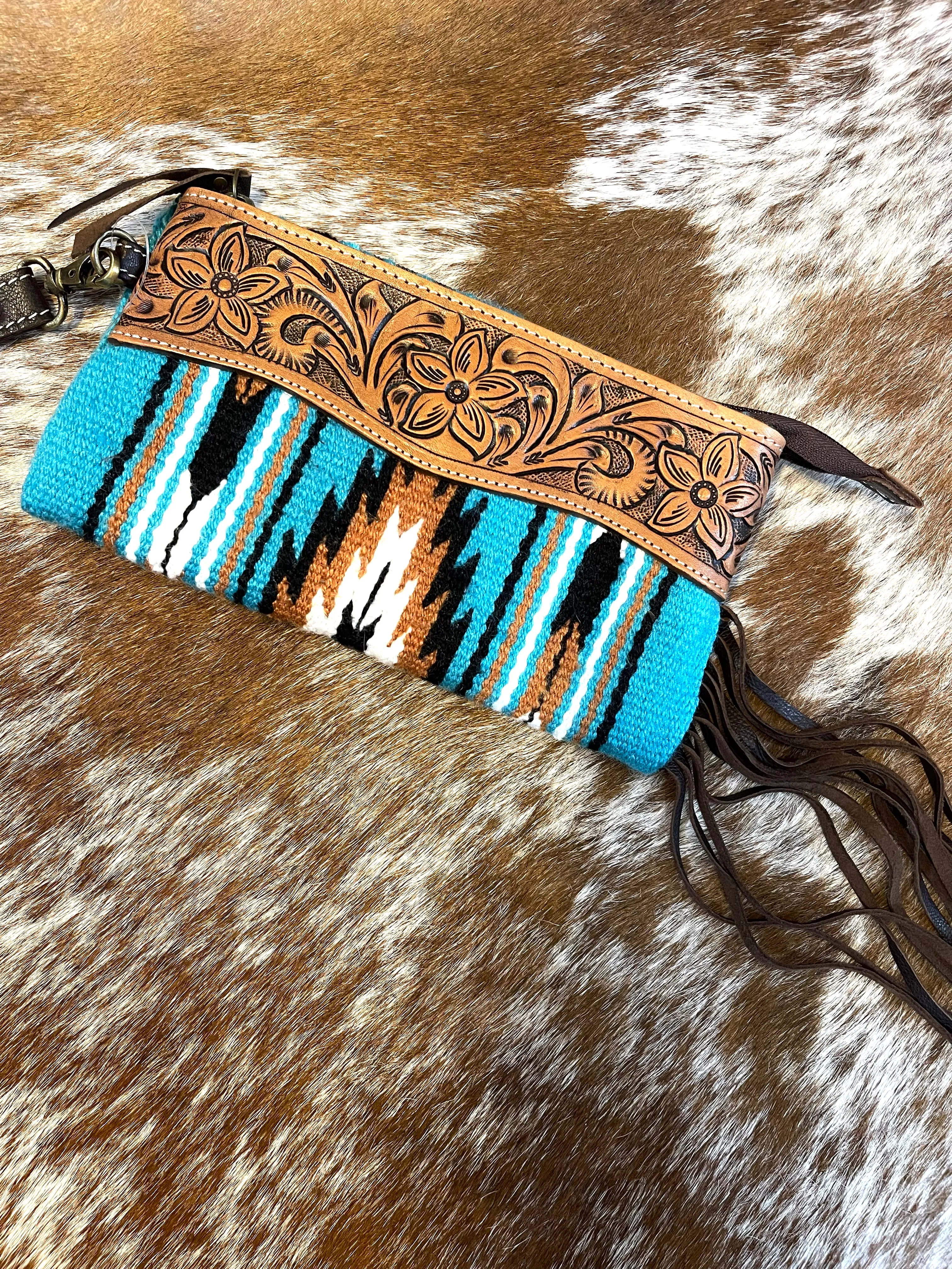 Turq Saddle Blanket Tassel Clutch with Brown Tooling Details