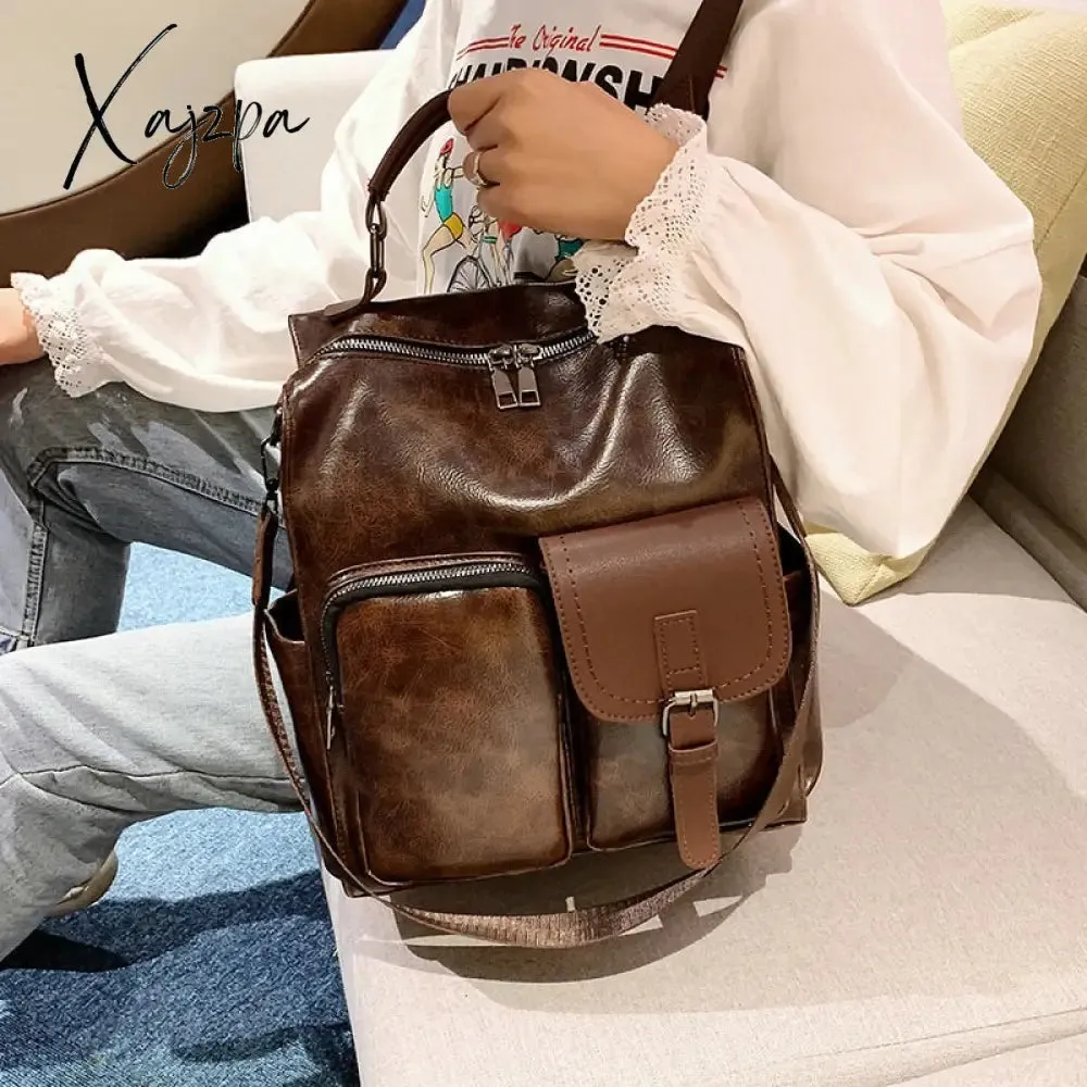 Xajzpa - New Trend Women Backpack Pu Leather Shoulder Bag Vintage Large Capacity Mochila Feminina Brown Travel Bag Brand Daypack