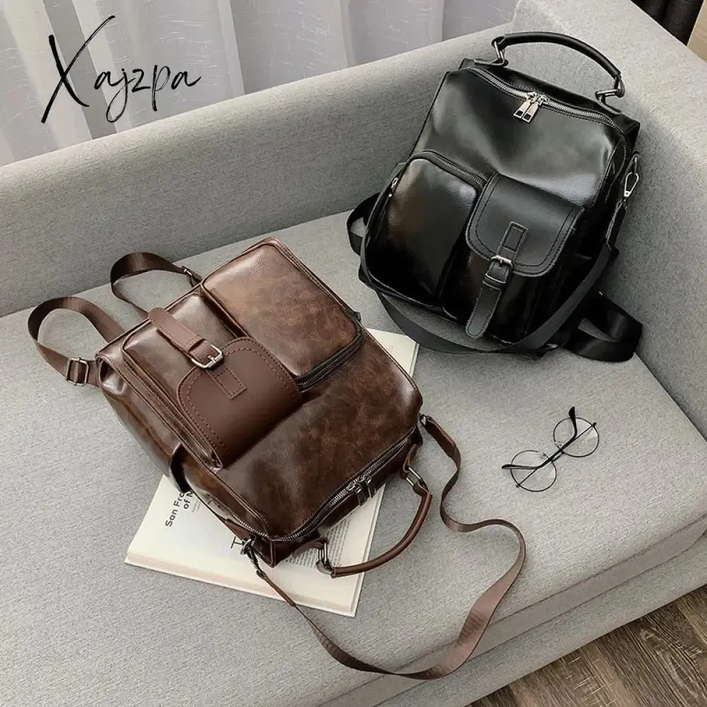 Xajzpa - New Trend Women Backpack Pu Leather Shoulder Bag Vintage Large Capacity Mochila Feminina Brown Travel Bag Brand Daypack